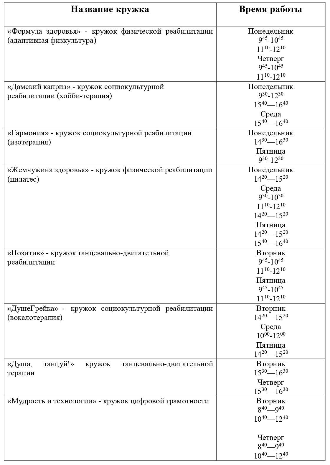 расписание